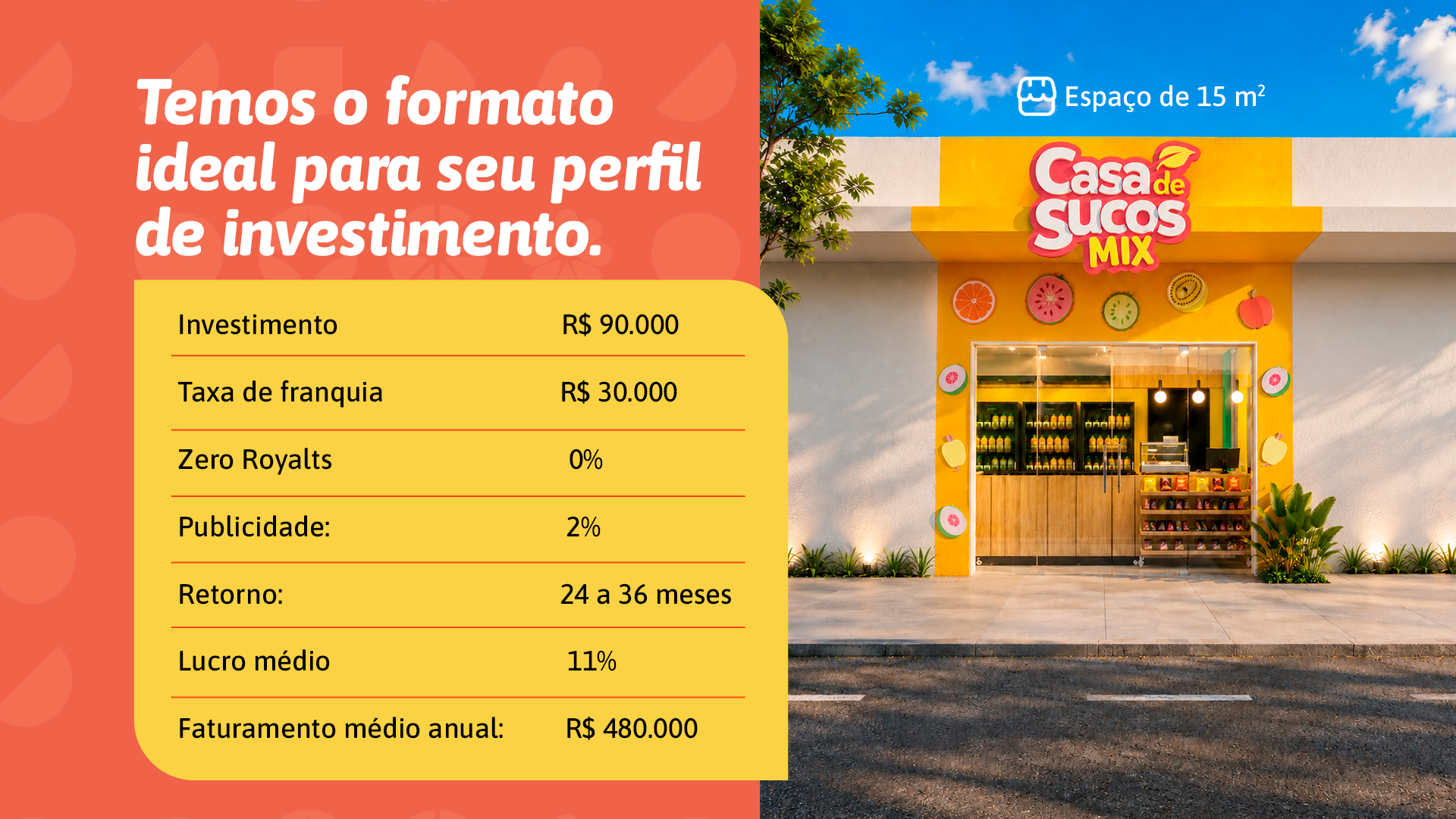 Fachada da loja Casa de Sucos Mix — espaço de 15 m²